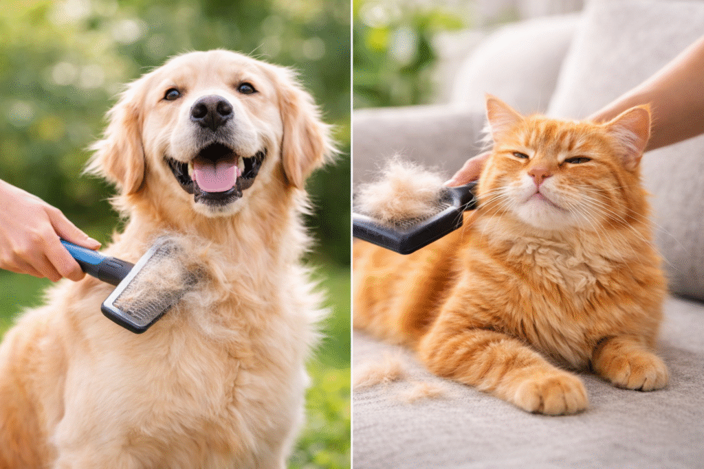 Dog and cat being groomed during spring shedding season