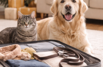 Dog and cat sitting beside a packed suitcase at home during the holiday season, representing pet care preparation before traveling.