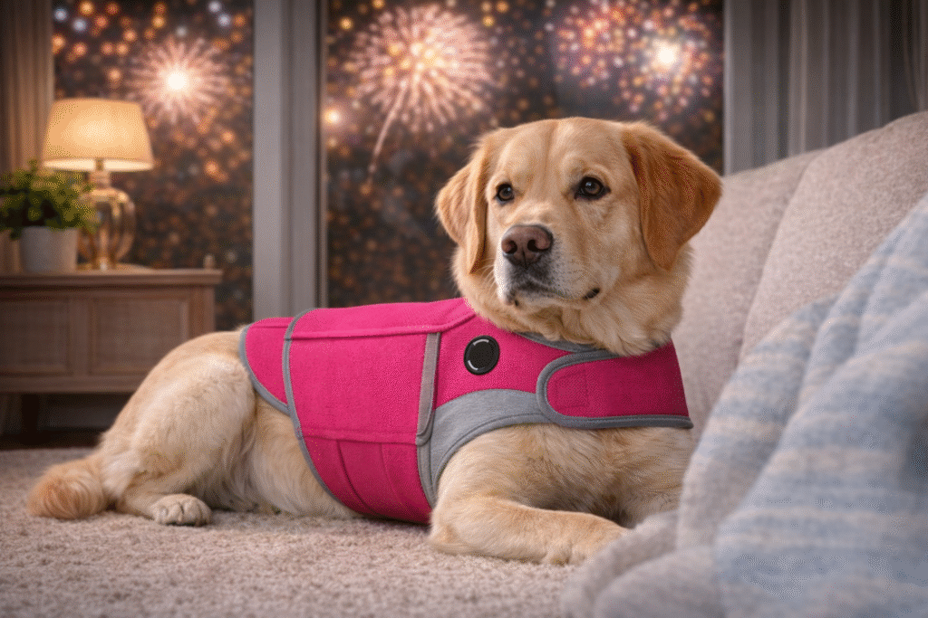 ThunderShirt anxiety vest helping a dog stay calm indoors during fireworks