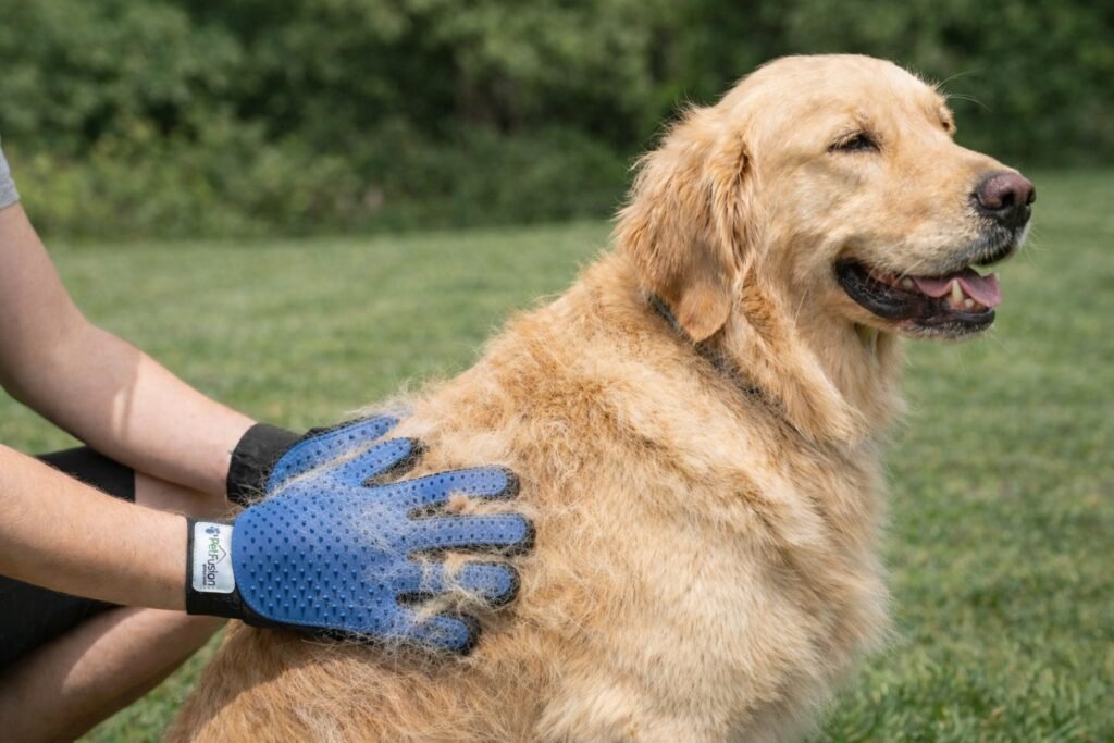Dog grooming gloves removing loose fur from a shedding dog during spring grooming