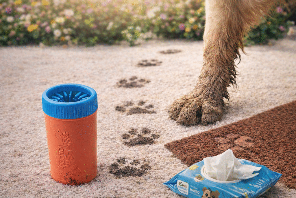 Dog muddy paws stepping onto clean floor indoors
