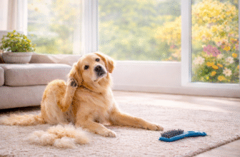 Golden retriever sitting indoors during spring allergy season caused by increased shedding