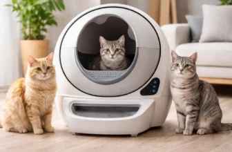 Automatic self-cleaning litter box used by multiple cats in a modern home, showing three cats around a smart multi-cat litter box.