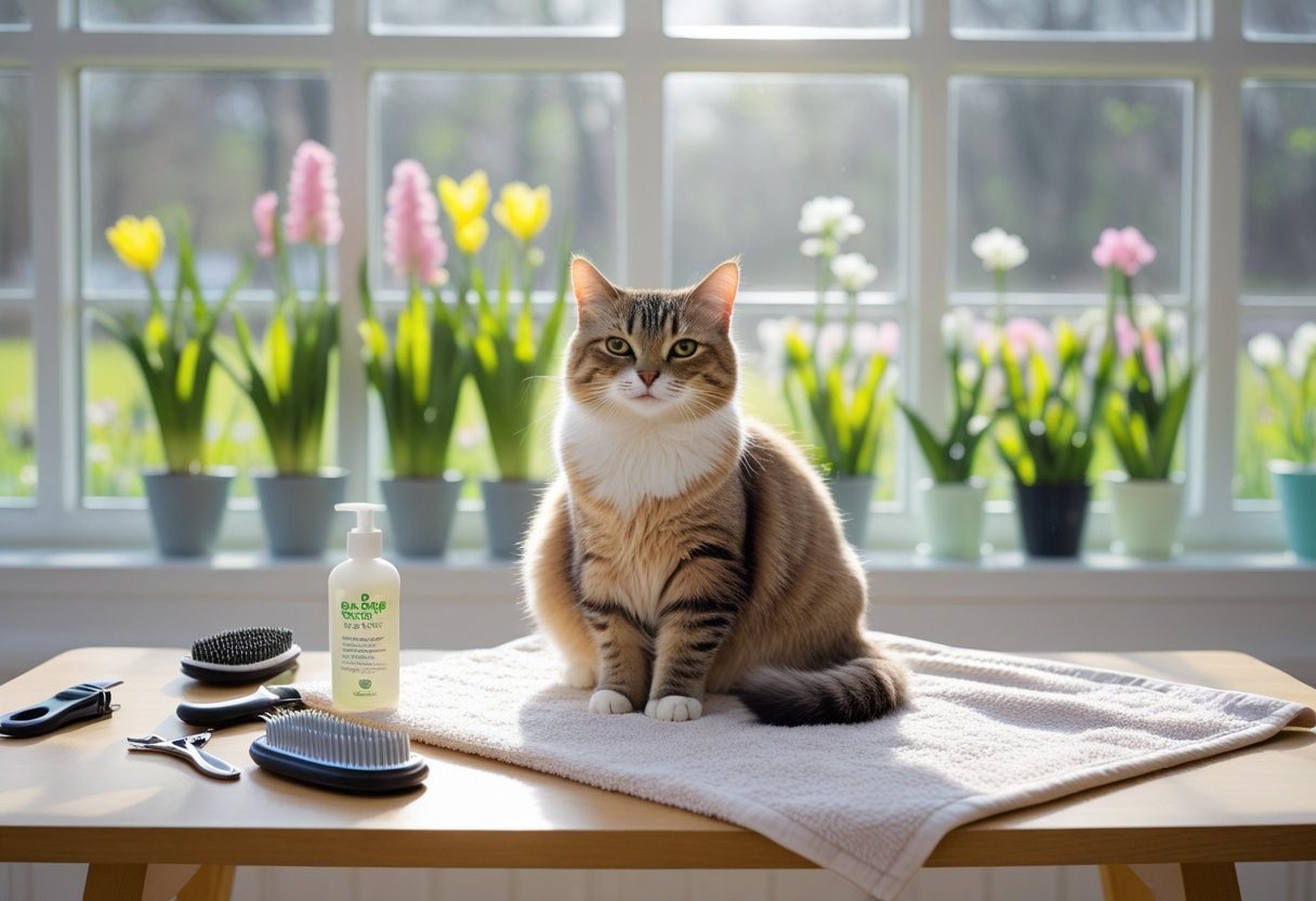 A calm domestic cat sitting on a table with grooming tools nearby and sunlight coming through a window with spring plants outside.