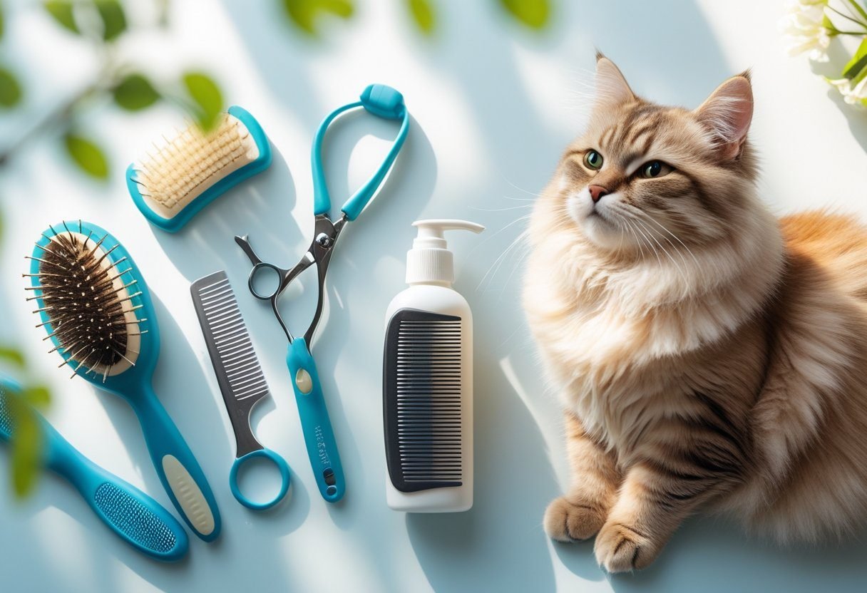 A fluffy cat sitting calmly next to grooming tools including a brush, scissors, nail clipper, shampoo, and comb on a bright surface.