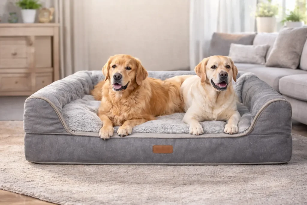 Two large senior dogs resting comfortably on a supportive orthopedic dog bed in a living room