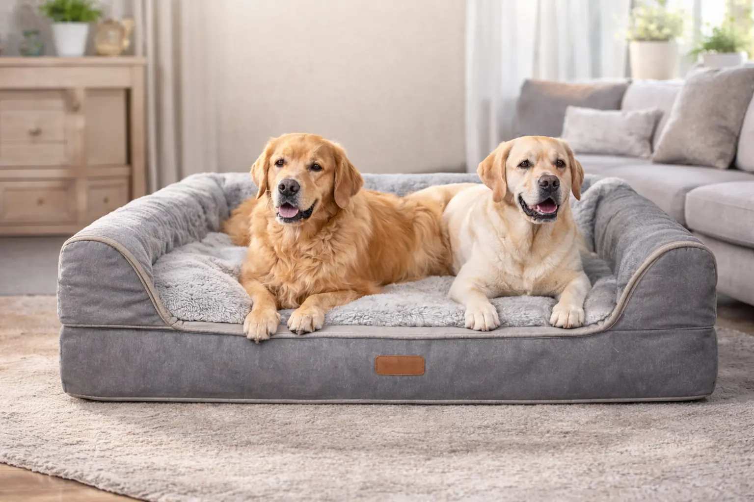 Two large senior dogs resting comfortably on a supportive orthopedic dog bed in a living room